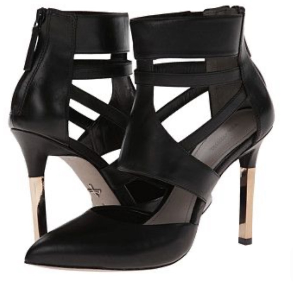 Pour la Victoria Zanie Heel Heeled Sandal 9.5 Black Cage Gold Leather Revolve